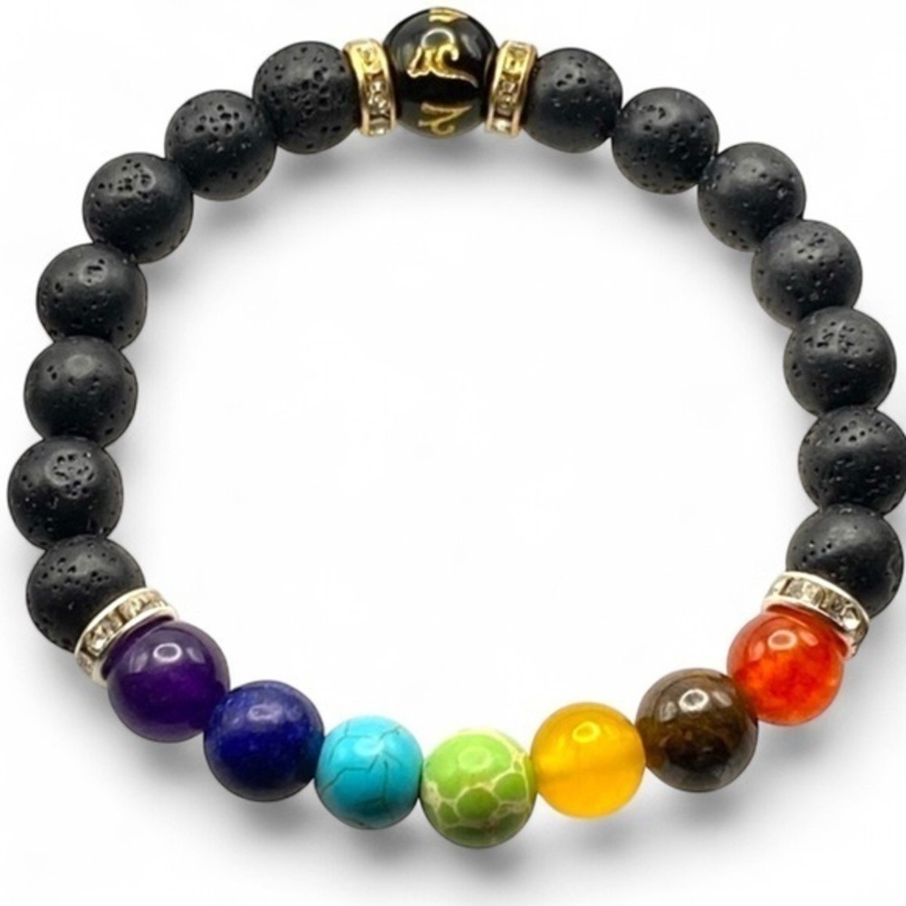 Lava Stone and 7 Chakra Healing Stone Bracelet Gold Silver Color Metal Accents